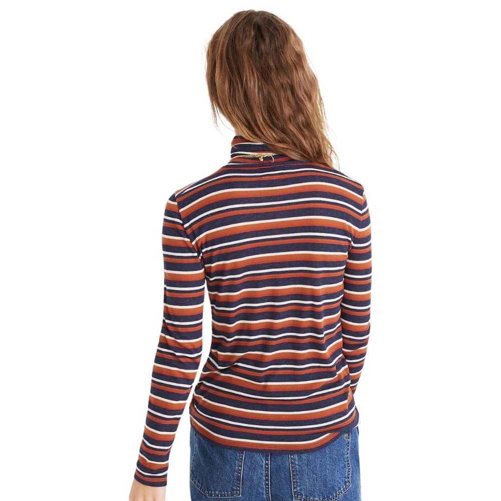 Madewell Top Womens Small Blue Brown Ribbed Striped Turtleneck Long Sleeve Shirt - Picture 2 of 12
